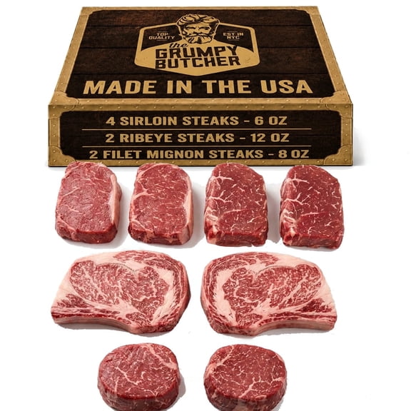 Grumpy Butcher 8 Steaks Set, 4 Sirloins, 2 Ribeyes, 2 Large Filet Mignons, Frozen, Choice Grade, Gluten-Free