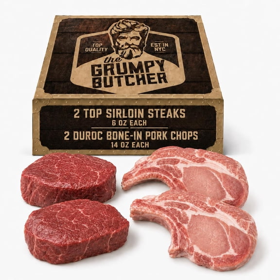 Grumpy Butcher Aged Top Sirloin Steaks & Duroc Bone-In Pork Chops, 4 Piece Meat Gift Set - USDA Top Choice Beef Steak With Gift Box Option - Ships Frozen
