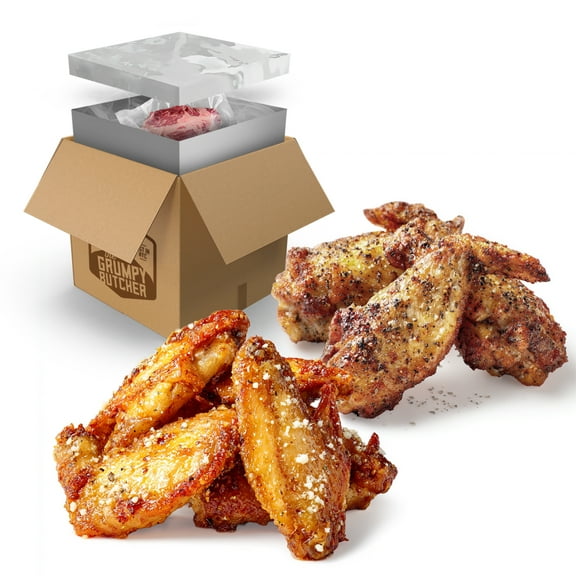 Grumpy Butcher Heritage Chicken Wings, 2 Flavors Garlic Parmesan and Smoky Salt & Pepper, Fully Cooked & Microwaveable, 2 Pack (20 oz each)