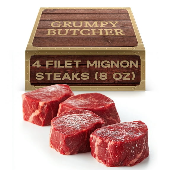 Grumpy Butcher Large Filet Mignon Steak, Choice Angus Beef, 4 Pack, 8 oz each