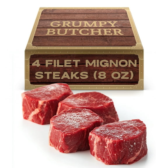 Grumpy Butcher Large Filet Mignon Steak, Choice Angus Beef, 4 Pack, 8 oz each