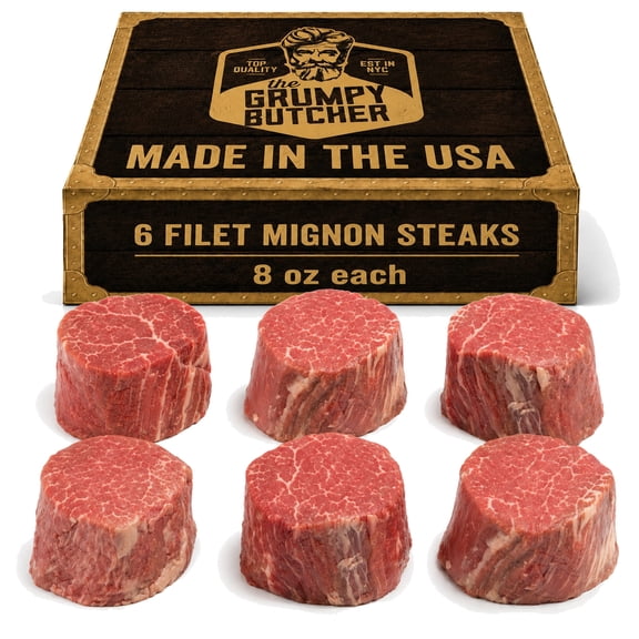 Grumpy Butcher Large Filet Mignon Beef Steaks, Choice Frozen - 6 Pack, 8 oz each