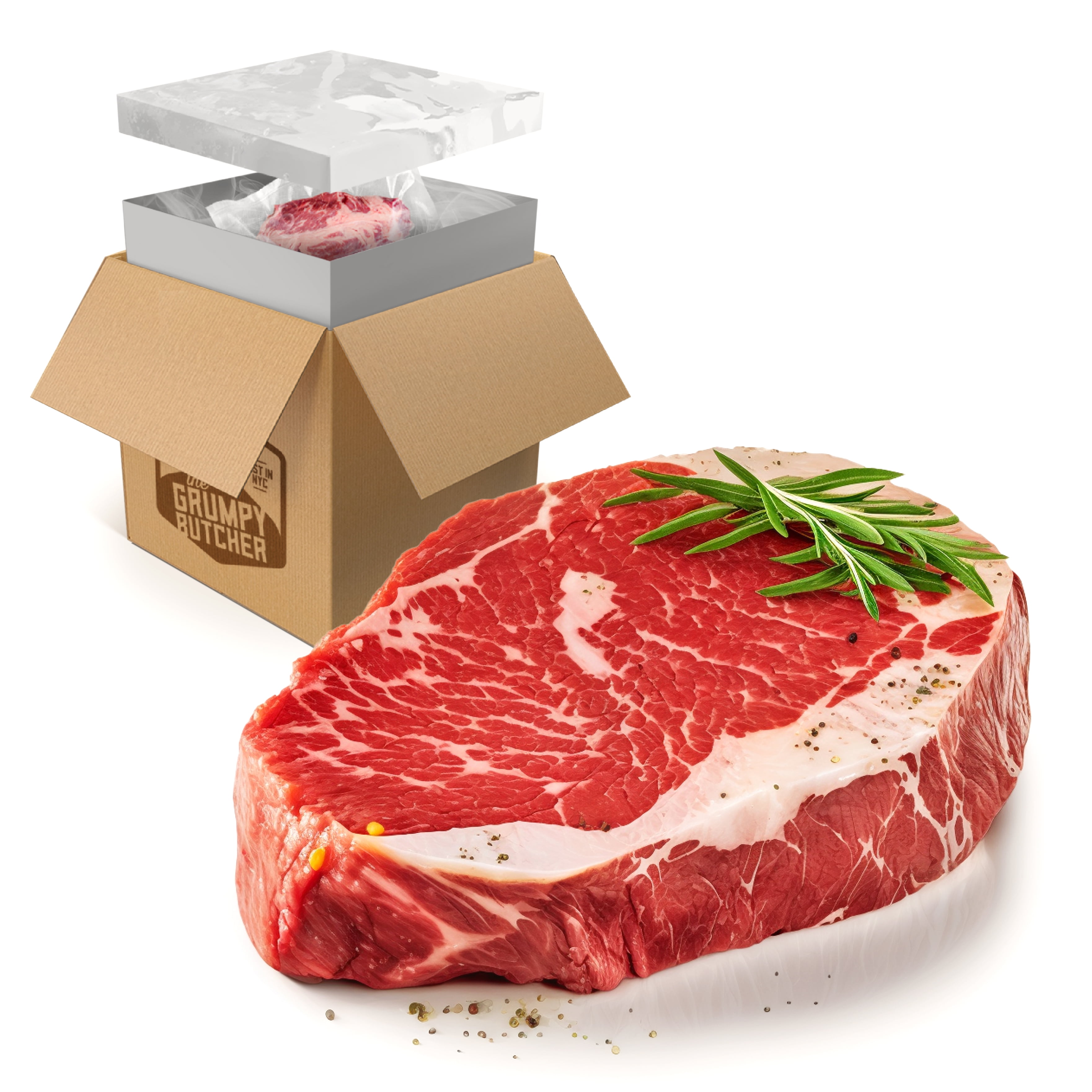 Grumpy Butcher Prime Beef Ribeye Steaks 4Pack (14 oz each), Boneless