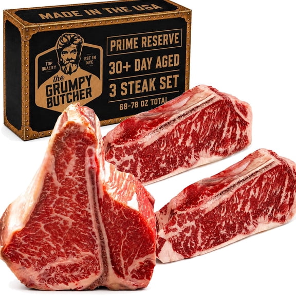 The Grumpy Butcher Prime Reserve 1 T Bone Steak, 2 Bone-In New York Strip Steaks, 3 Pack - USDA Prime 30 Day Aged Beef - Steakhouse-Portion Cut With Gift Box Option - Ships Frozen