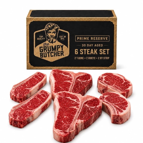 Grumpy Butcher Prime Reserve 2 T-Bone Steaks, 2 Bone-In Ribeye & New York Strip Steaks, 6 Pack - USDA Prime 30 Day Aged Beef - Steakhouse-Portion Cut