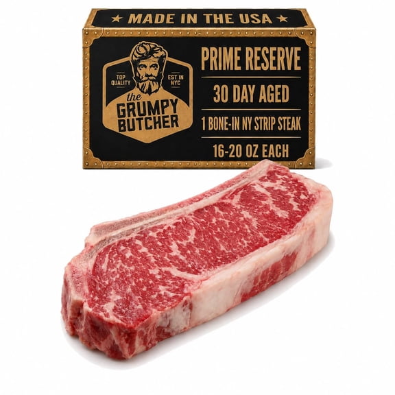 Grumpy Butcher Prime Reserve Bone-In New York Strip Steaks, 1 Pack - USDA Prime Beef 30 Day Aged Steak - Steakhouse Cut