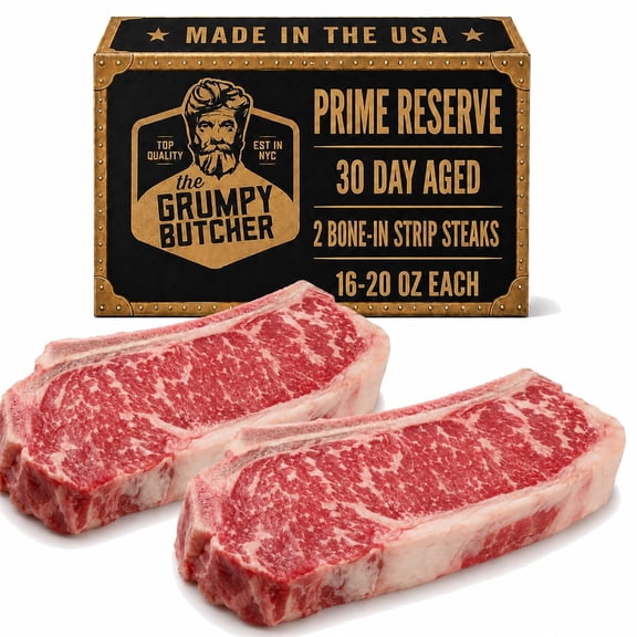Grumpy Butcher Prime Reserve Bone-In New York Strip Steaks, 2 Pack - USDA Prime Beef 30 Day Aged Steak - Steakhouse Cut