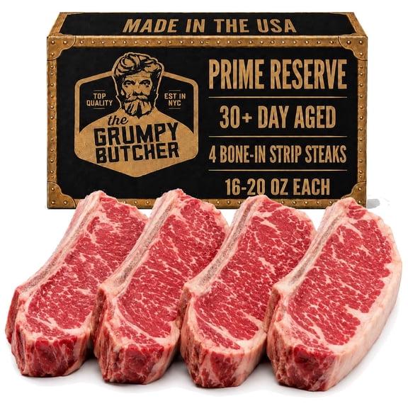 Grumpy Butcher Prime Reserve Bone-In New York Strip Steaks, 4 Pack, 16-20 oz Each, USDA Prime, 30 Day Aged