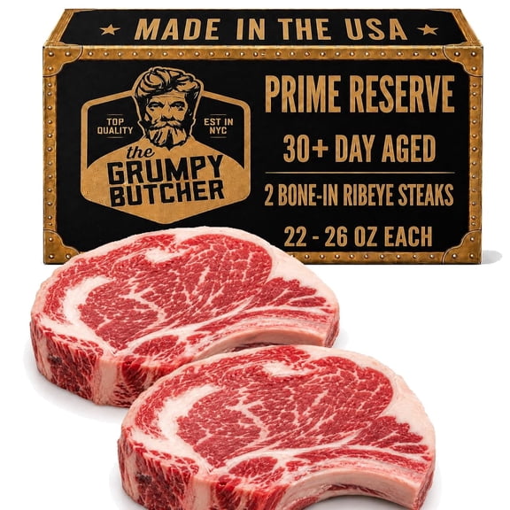 Grumpy Butcher Beef Ribeye Steak Prime Bone in 30 Day Aged Frozen Vacuum Pack 2 Count