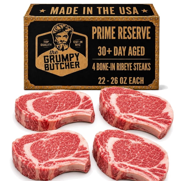 Grumpy Butcher Prime Reserve Bone-In Ribeye Steaks, 4 Pack - USDA Prime Beef 30 Day Aged Steak - Steakhouse Cut