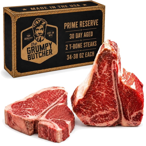 Grumpy Butcher Prime Reserve T Bone Steaks, 2 Pack - USDA Prime Beef 30 Day Aged Steak - Steakhouse Cut