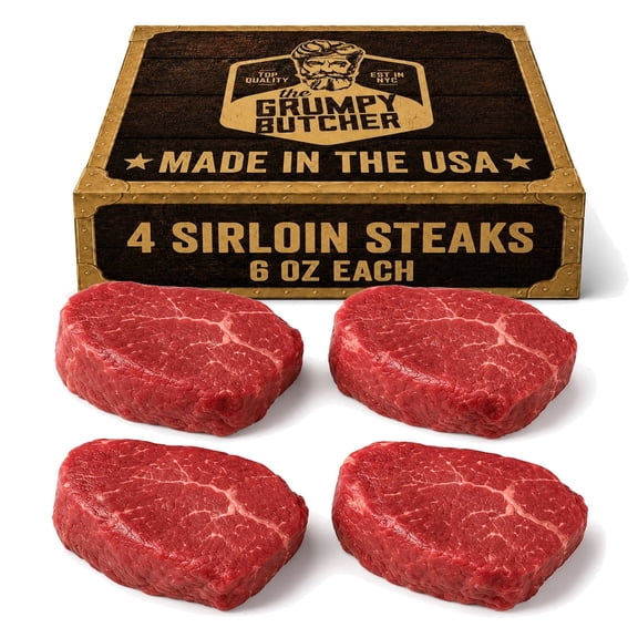Grumpy Butcher Top Sirloin Steaks Prime Steakhouse Choice Angus, 4 Count, 6 oz