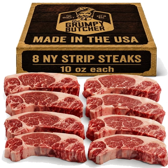 Grumpy Butcher New York Strip Steaks Prime Steakhouse Choice Grade Frozen Vacuum Pack, 8 Count, 10 oz