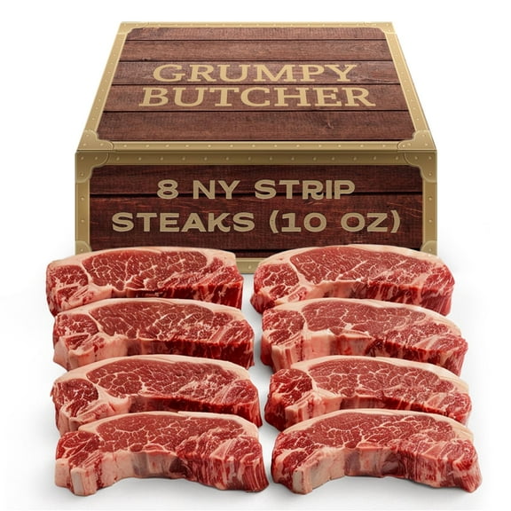 Grumpy Butcher Prime Steakhouse Beef Steak Meat, New York Strip Steaks, 8 ct Pack, 10 oz Vacuum Bag
