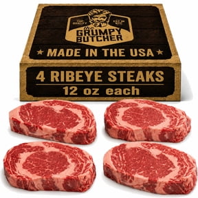 Grumpy Butcher Prime Steakhouse Beef Steak Meat, Large Thick Ribeye Steaks, 4 ct Pack, 14 oz Vacuum Bag