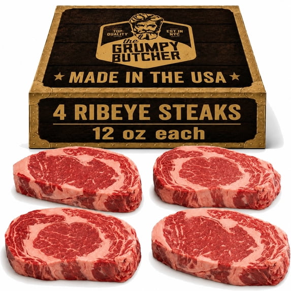 Grumpy Butcher Prime Steakhouse Beef Steak Meat, Large Thick Ribeye Steaks, 4 ct Pack, 14 oz Vacuum Bag