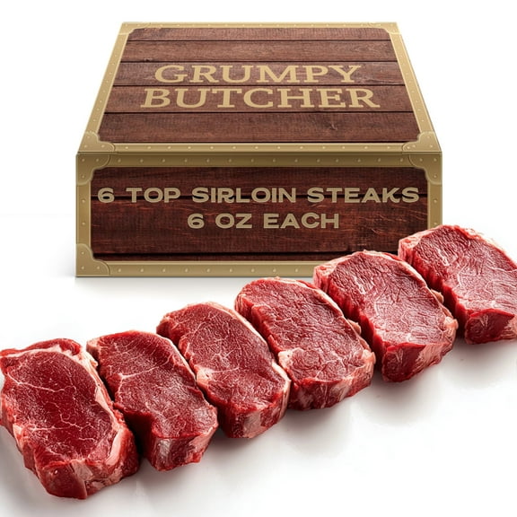 Grumpy Butcher Prime Steakhouse Beef Steak Meat, Sirloin Steaks, 6 ct Pack, 6 oz Vacuum Bag