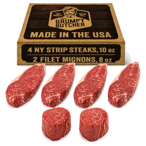 Grumpy Butcher Aged 6 Steaks Sampler Set - 2 Large Filet Mignon Steaks & 4 New York Strip Steaks - USDA Top Choice Beef Steak Assortment With Gift Box Option - Ships Frozen