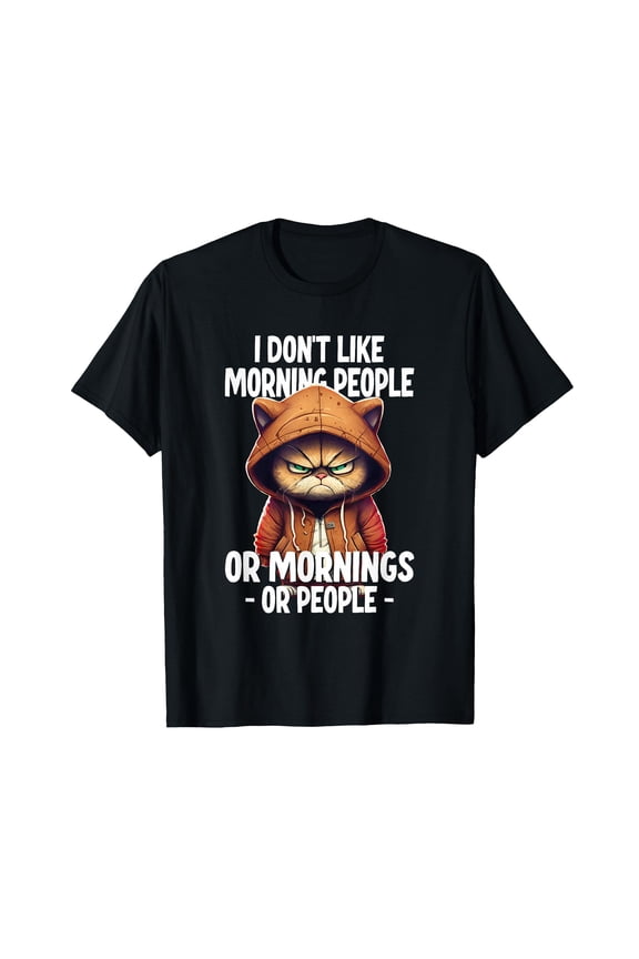 Grumpy Cartoon Cat T-Shirt for Those Who Dislike Mornings and Morning People
