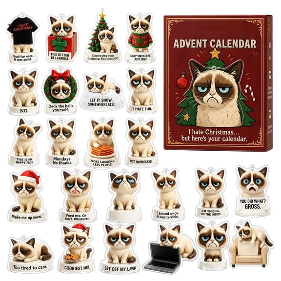Grumpy Cat Christmas Advent Calendar 2026, 24Day Countdown Calendar with 24 Pcs Funny Moody Cat Acrylic Ornaments, Humorous Slogan PetThemed Collectible Decor, Holiday Surprise Gifts for Cat Lovers