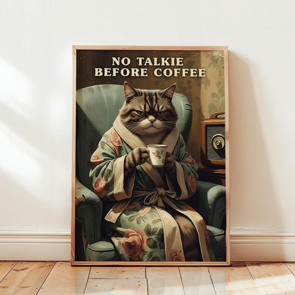 Grumpy Cat Coffee Print - No Talkie Before Coffee Funny Wall Art Retro Cat Kitchen Decor Coffee Corner Sign Coffee Lover Gift