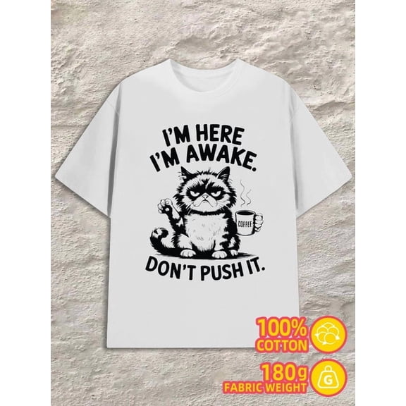 Greenink Grumpy Cat Coffee mens 180G Cotton white Funny Unisex Shirt Crewneck tshirts Retro Unisex Shirt Printed tshirts Basic Unisex Shirt Short Sleeve tshirts