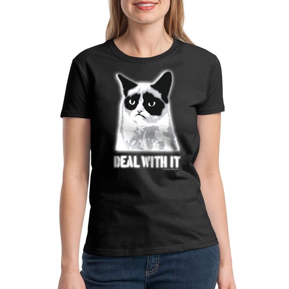 Grumpy Cat Deal With It Women Black T-Shirt NEW Size XL, Female x-Large