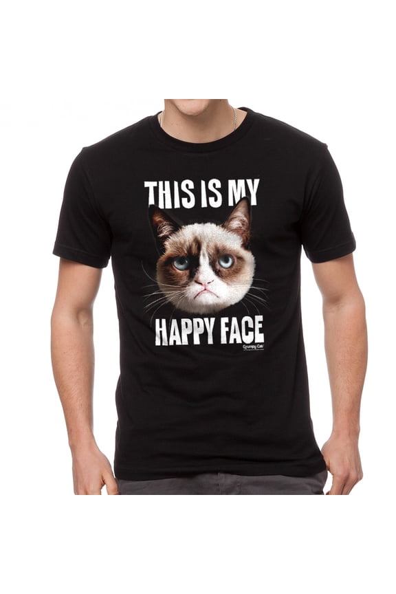 Mens Graphic Tee - Grumpy Cat Happy Face - Regular Fit 100% Cotton