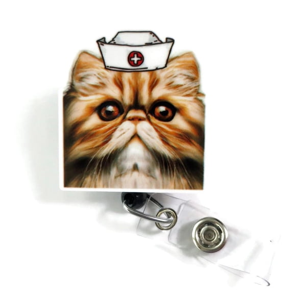 Grumpy Cat Badge Reel, Cute Persian Kitten Nurse ID Tag, Funny Animal Vet Tech Veterinarian Badge