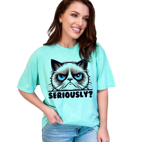 Grumpy Cat Seriously T-Shirt, Funny Cat Lover Gift, Sarcastic Cat Tee, Cool Graphic Design, Unisex Casual Wear, Unique Cat Shirt, Chalky Mint Comfort Colors T-Shirt, Medium