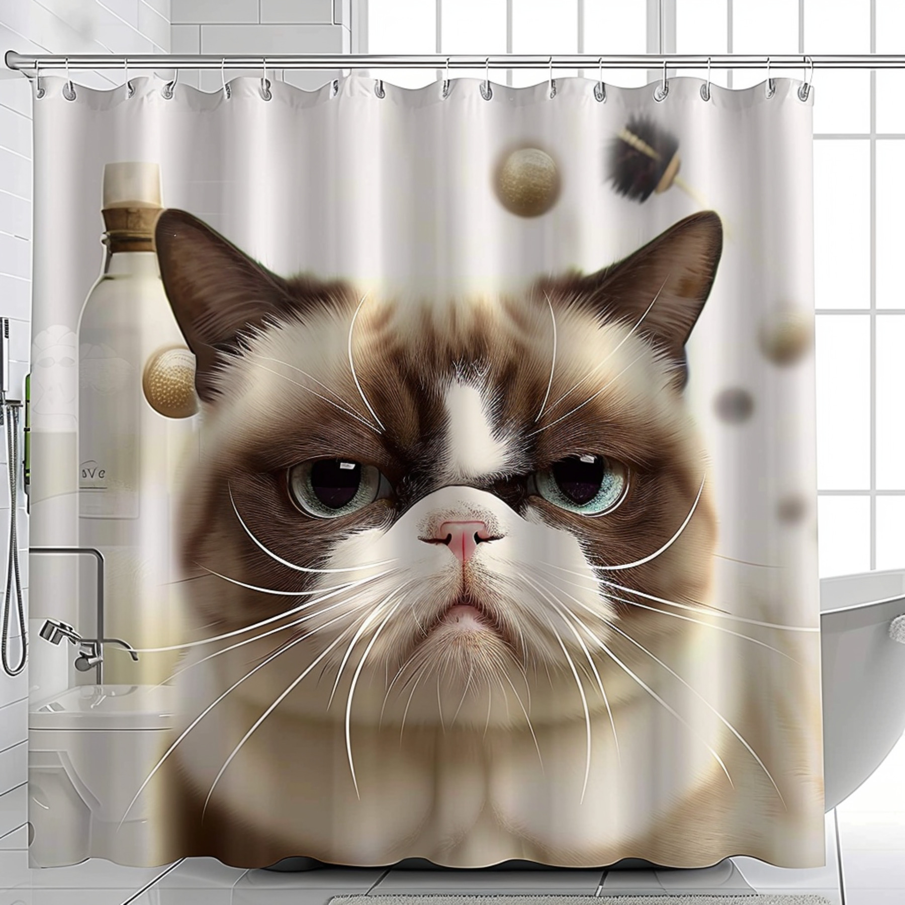 Grumpy Cat Shower Curtain Photo Realistic White Bathroom Decor Hyper Detailed Design Cute Cat