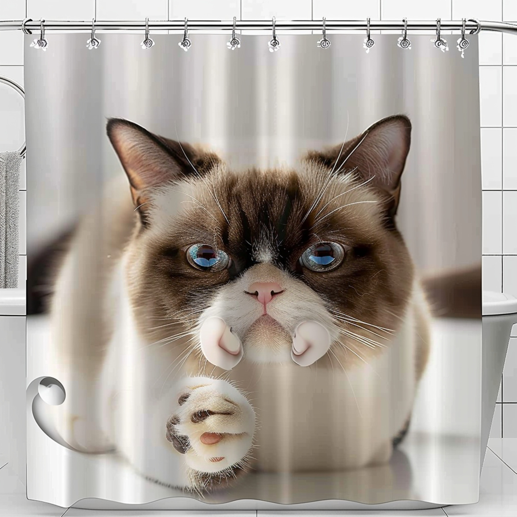 Grumpy Cat Shower Curtain Realistic Photo Cute & Funny Design White Bathroom Background Detailed