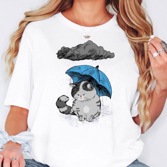 Grumpy Cat TShirt Cute Rainy Day Umbrella Cat Tee Funny Cat Lover Aesthetic Top Cozy Anima