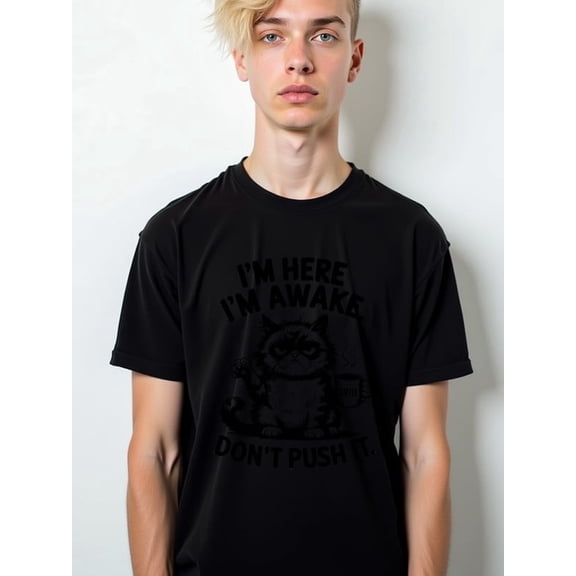 Greenink Grumpy Cat Wake-Up Tee Men round neck T-shirt black graphic tees short Weekend casual wear Perfect for exercise Retro Unisex Shirt Crewneck tshirts