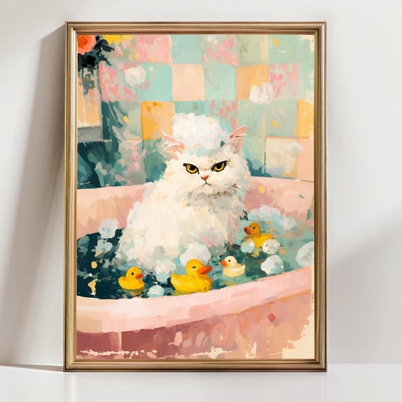 Grumpy Cat in Bathtub Wall Art Cat with Rubber Ducks Whimsical Bathroom Decor