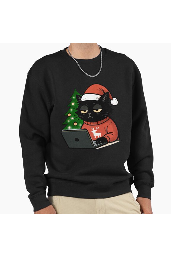 Grumpy Christmas Black Cat Holiday Graphic Unisex Sweatshirt Retro Vintage Art G21709, Up to Size 5XL