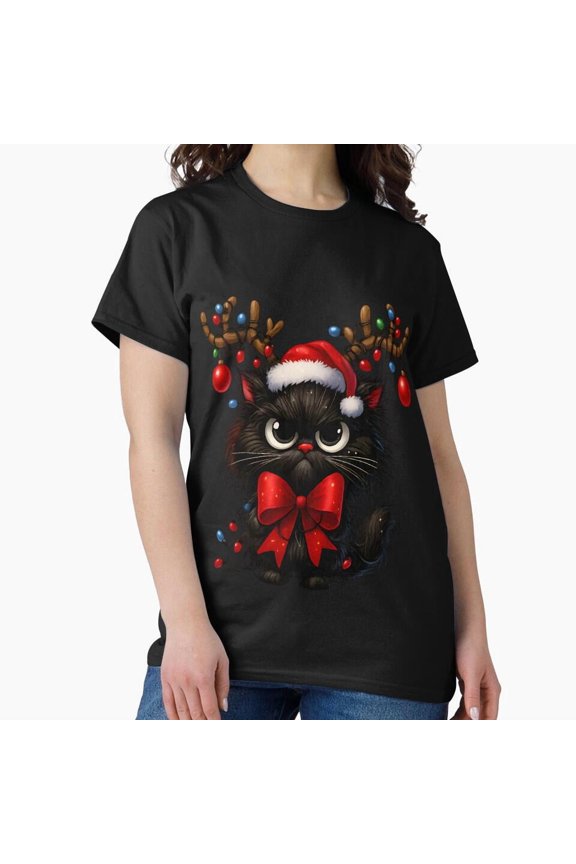 Grumpy Christmas Cat With A St. Nick Hat And Antlers Funny Holiday Feline - Comfortable Fit G19004 Unisex T-Shirt, Up to Size 5XL