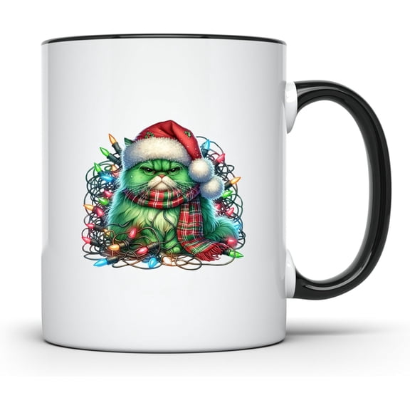 Grumpy Christmas Cat Wrapped In Lights 11oz Coffee Mug Funny Holiday Mug with Adorable Design Gift for Animal Lovers CCBM1996