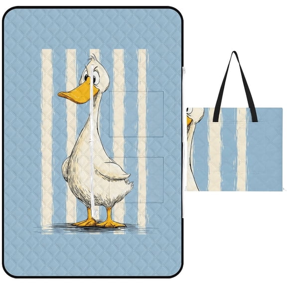 Grumpy Duck Blue Striped Background Outdoor Picnic Blanket, Foldable Waterproof Beach Mat, Portable Beach Blanket for Beach Camping, Hiking, Family Concerts