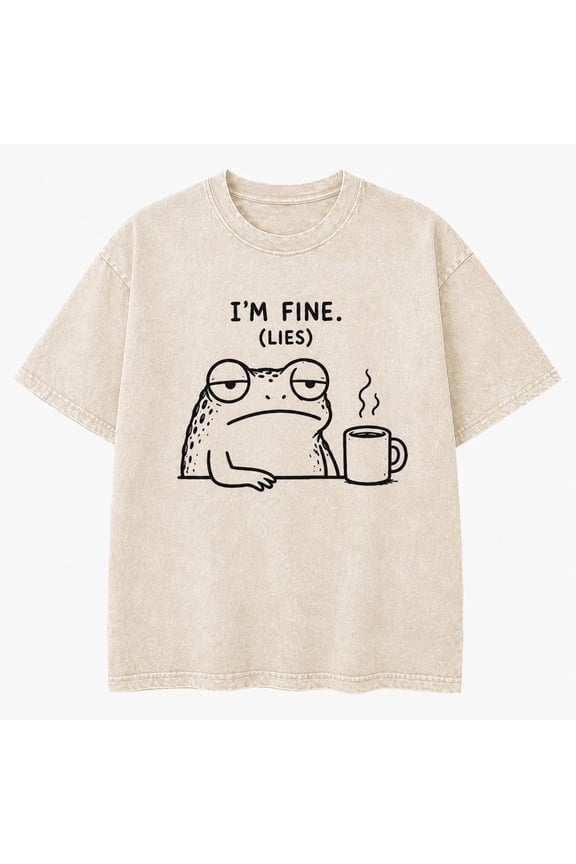Grumpy Frog Coffee Graphic Tee - I'm Fine (Lies) Funny Washed T-Shirt Unisex Cotton