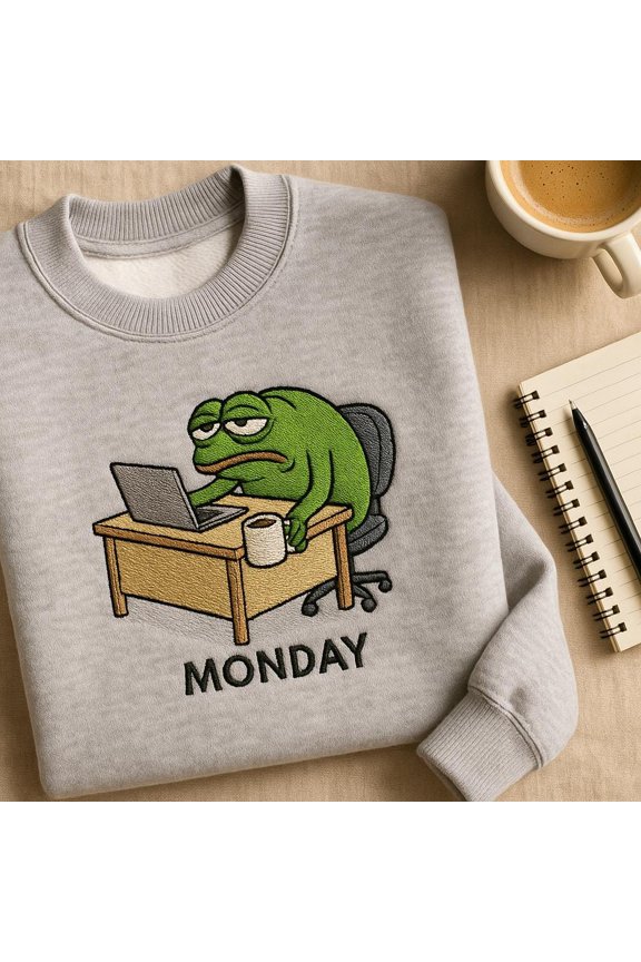 Grumpy Frog Monday Embroidered Sweatshirt, Funny WFH Office Worker Meme Apparel, Tired Frog Laptop Coffee Crewneck