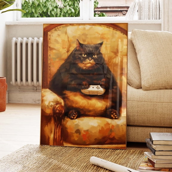 Grumpy Gamer Cat Feline Game Room Man Cave Wall Picture, Stretched Canvas 16x20in