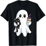 Grumpy Ghost Black Cat Meh Coffee Cute Spooky Cat Mom Humor T-Shirt
