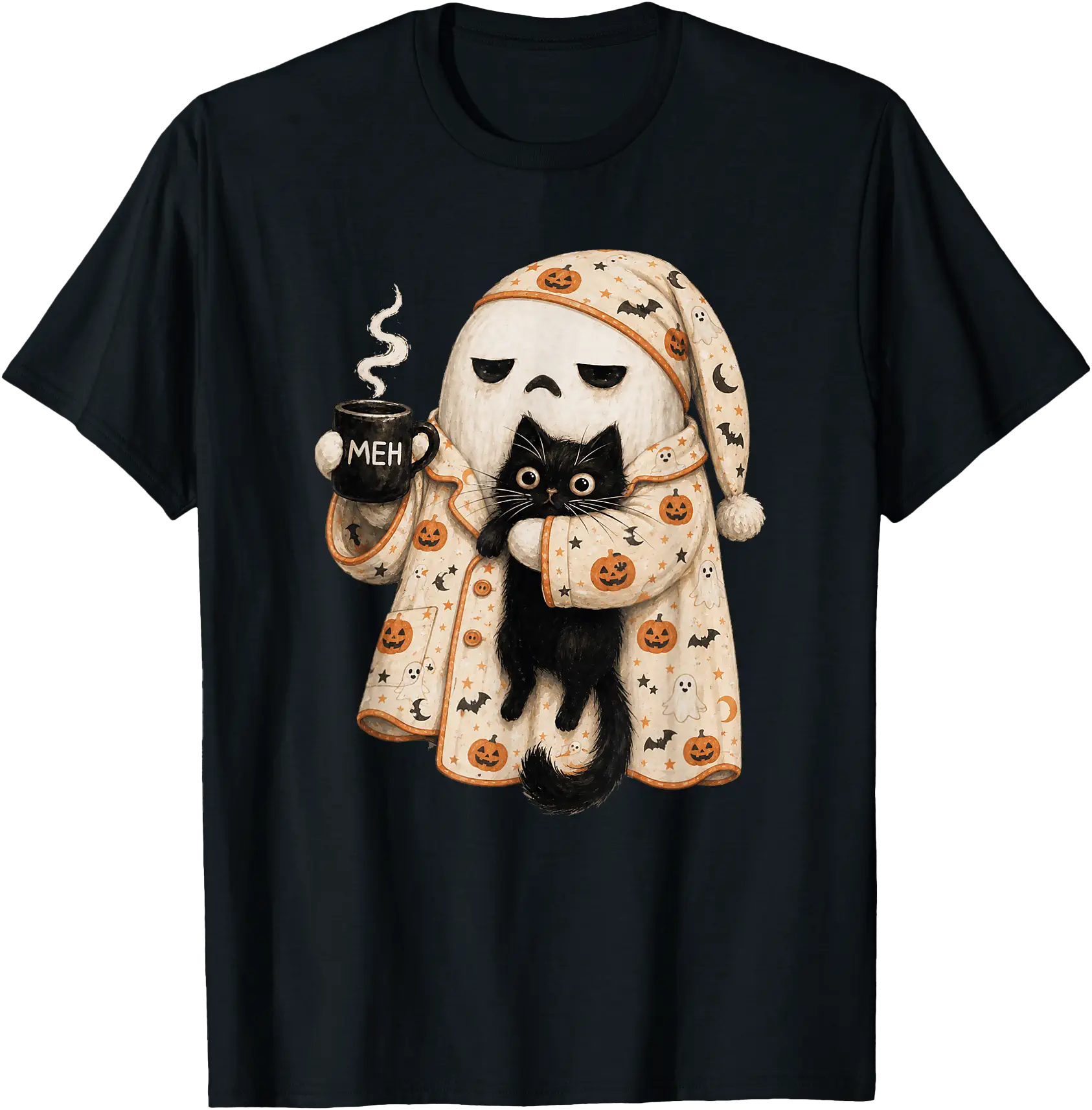Grumpy Ghost Black Cat Meh Coffee Cute Spooky Cat Mom Humor T-Shirt ...