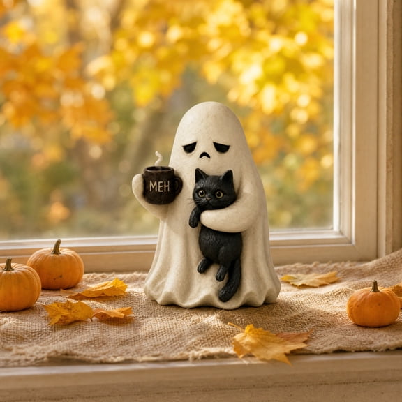 Grumpy Ghost Coffee Mug Resin Statue 7.9 Inch, Cute Spooky Halloween Tabletop Figurine Sad Ghost for Shelf Desk Mantel Decor