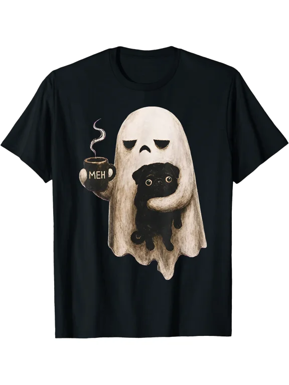 Grumpy Ghost Holding Black Pug Dog Meh Coffee Cup Halloween T-Shirt