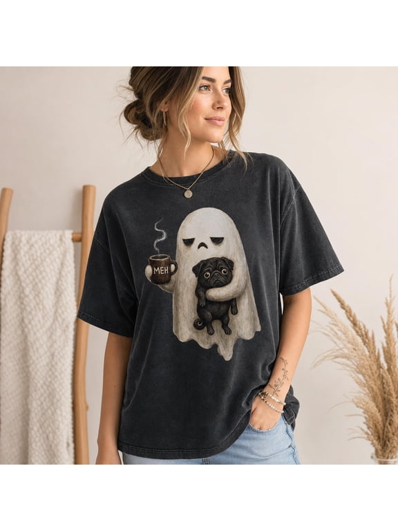 Grumpy Ghost Pug Coffee Shirt, Funny Meh Halloween Tee, Black Pug Ghost Graphic Tee, Comfort Colors