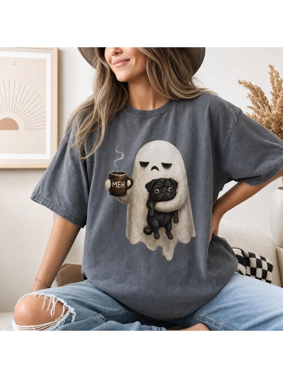 Grumpy Ghost Pug Coffee T-Shirt, Funny Meh Halloween Shirt, Black Pug Ghost Graphic Tee, Spooky Dog Lover Shirt
