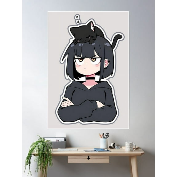 Grumpy Goth Girl With Sleeping Black Cat Poster Wall Art, Modern Wall Decor For Living Room Bedroom, 8x12 UNFRAMED