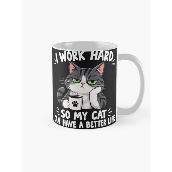 Grumpy For Tea Grumpy Gray Cat with Cup and Funny Work Hard Quote Coffee Mug, 11oz ...